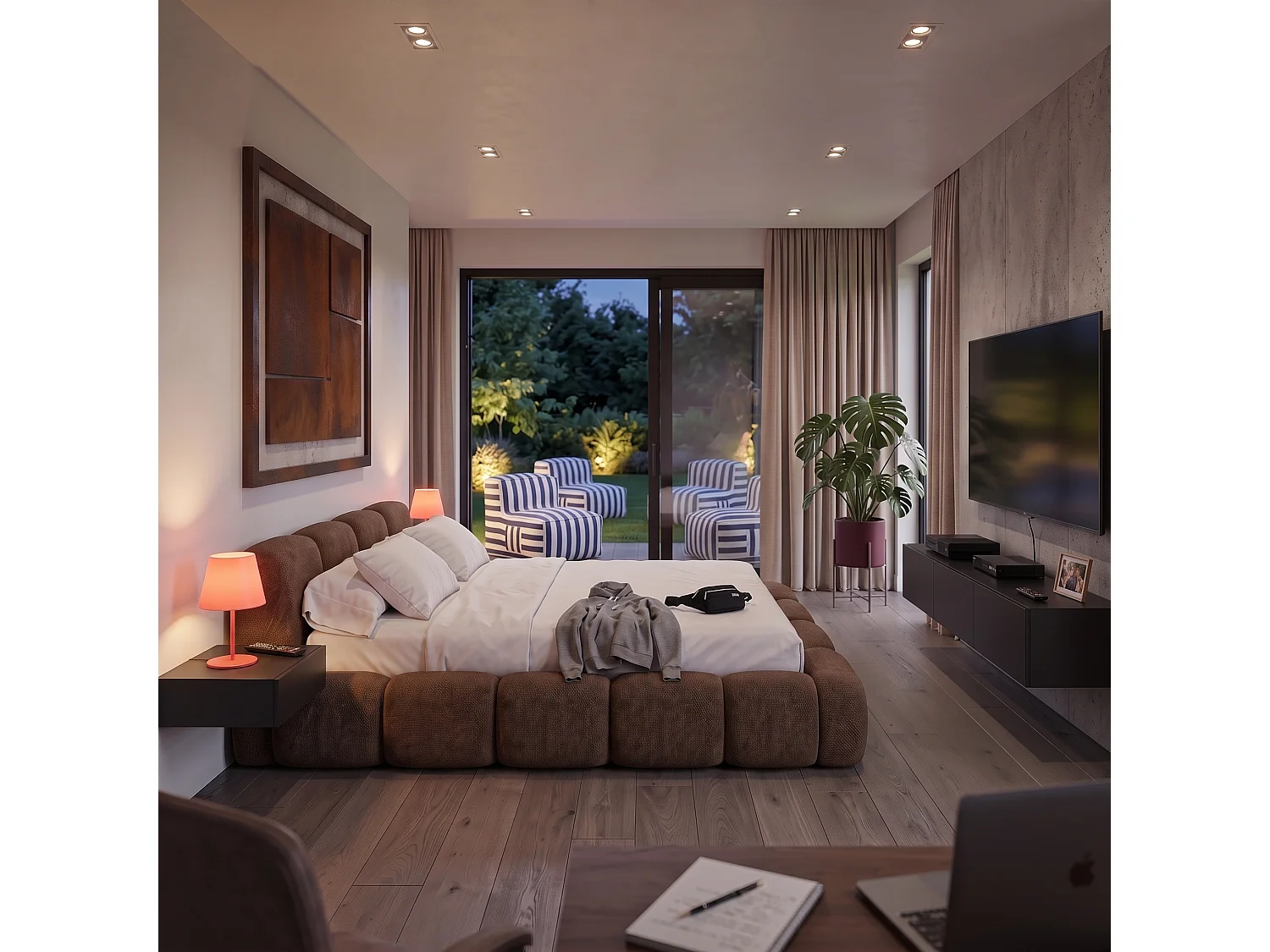 Lit capitonné SUENO 180x200 cm brun, tête de lit capitonnée, sommier à lattes métalliques, coffre de lit, tissu chenille