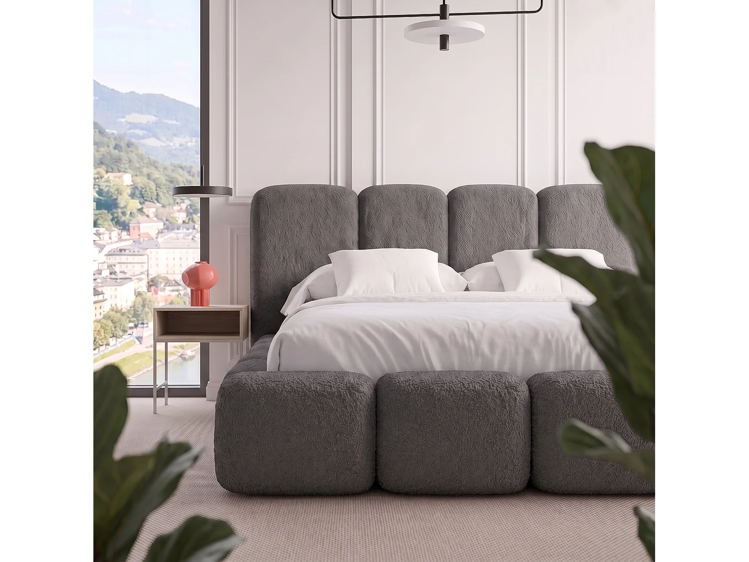 Lit rembourré SUENO MAXI  avec matelas 180 × 200 cm graphiet, tête de lit capitonnée, sommier métallique, coffre de rangement, tissu bouclé