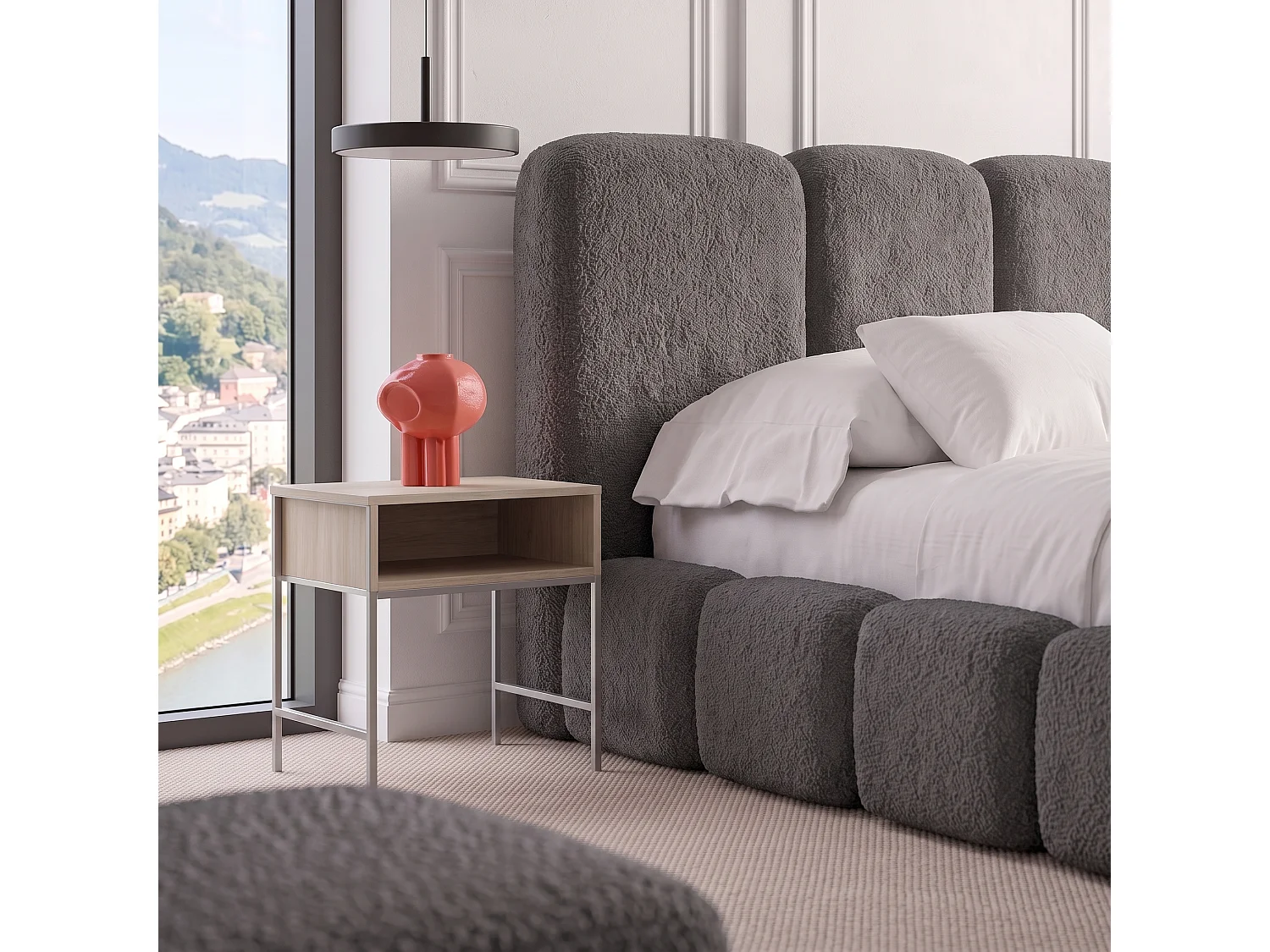 Lit rembourré SUENO MAXI  avec matelas 180 × 200 cm graphiet, tête de lit capitonnée, sommier métallique, coffre de rangement, tissu bouclé