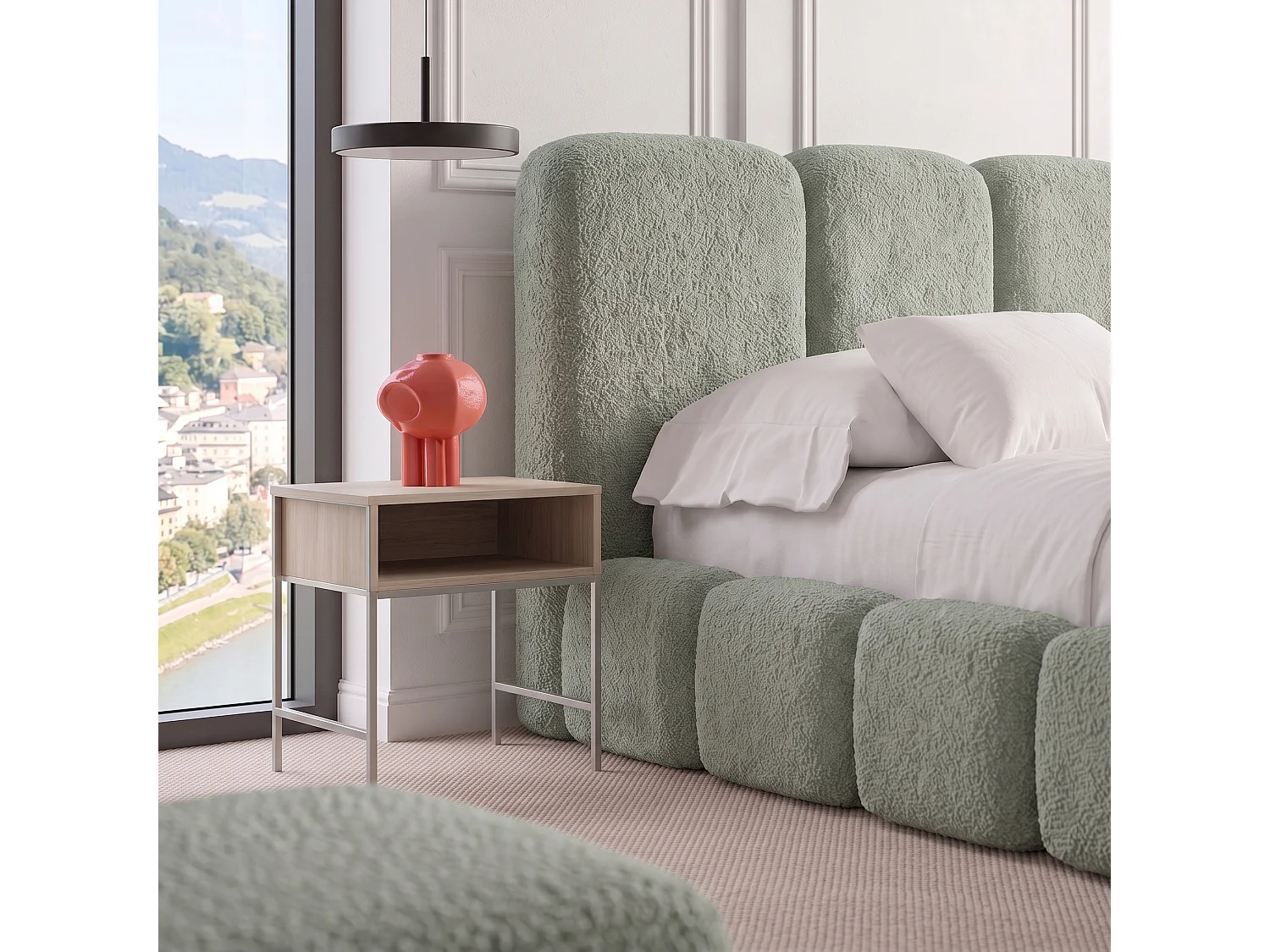 Lit rembourré SUENO MAXI  avec matelas 160 × 200 cm vert menthe, tête de lit capitonnée, sommier métallique, coffre de rangement, tissu bouclé