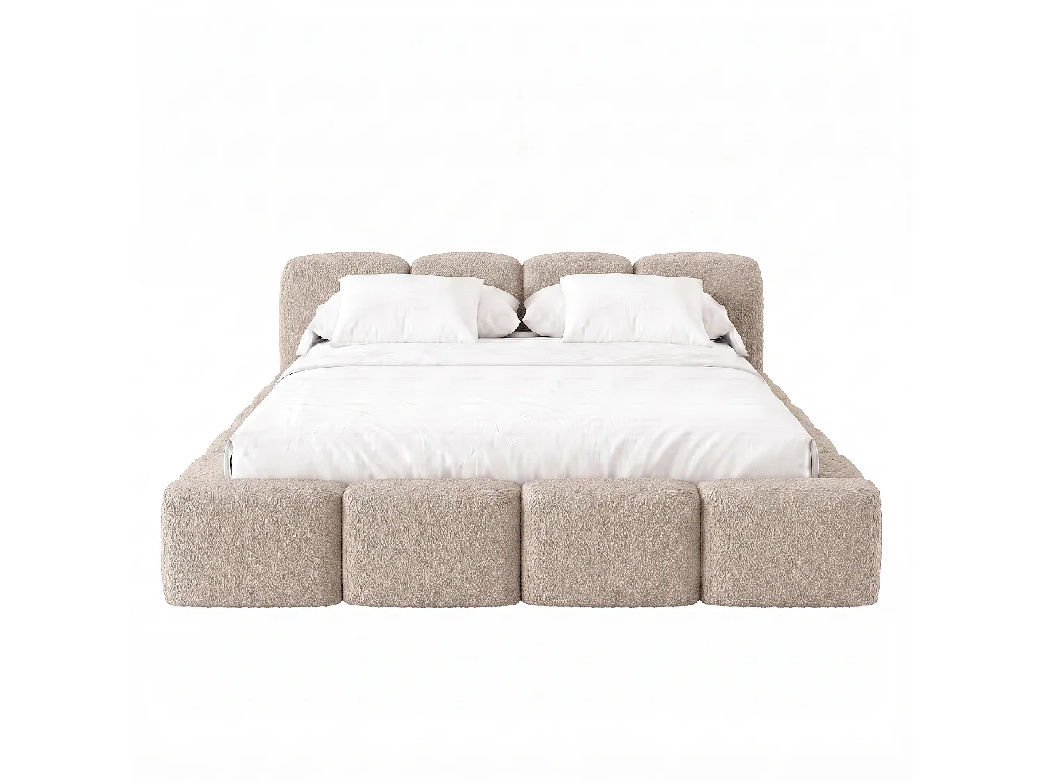 Lit rembourré SUENO 200 × 200 cm beige, tête de lit capitonnée, sommier métallique, coffre de rangement, tissu bouclé