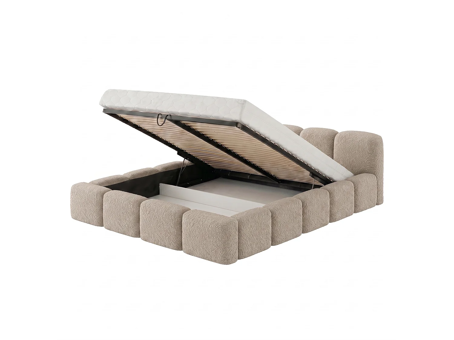 Lit rembourré SUENO 200 × 200 cm beige, tête de lit capitonnée, sommier métallique, coffre de rangement, tissu bouclé