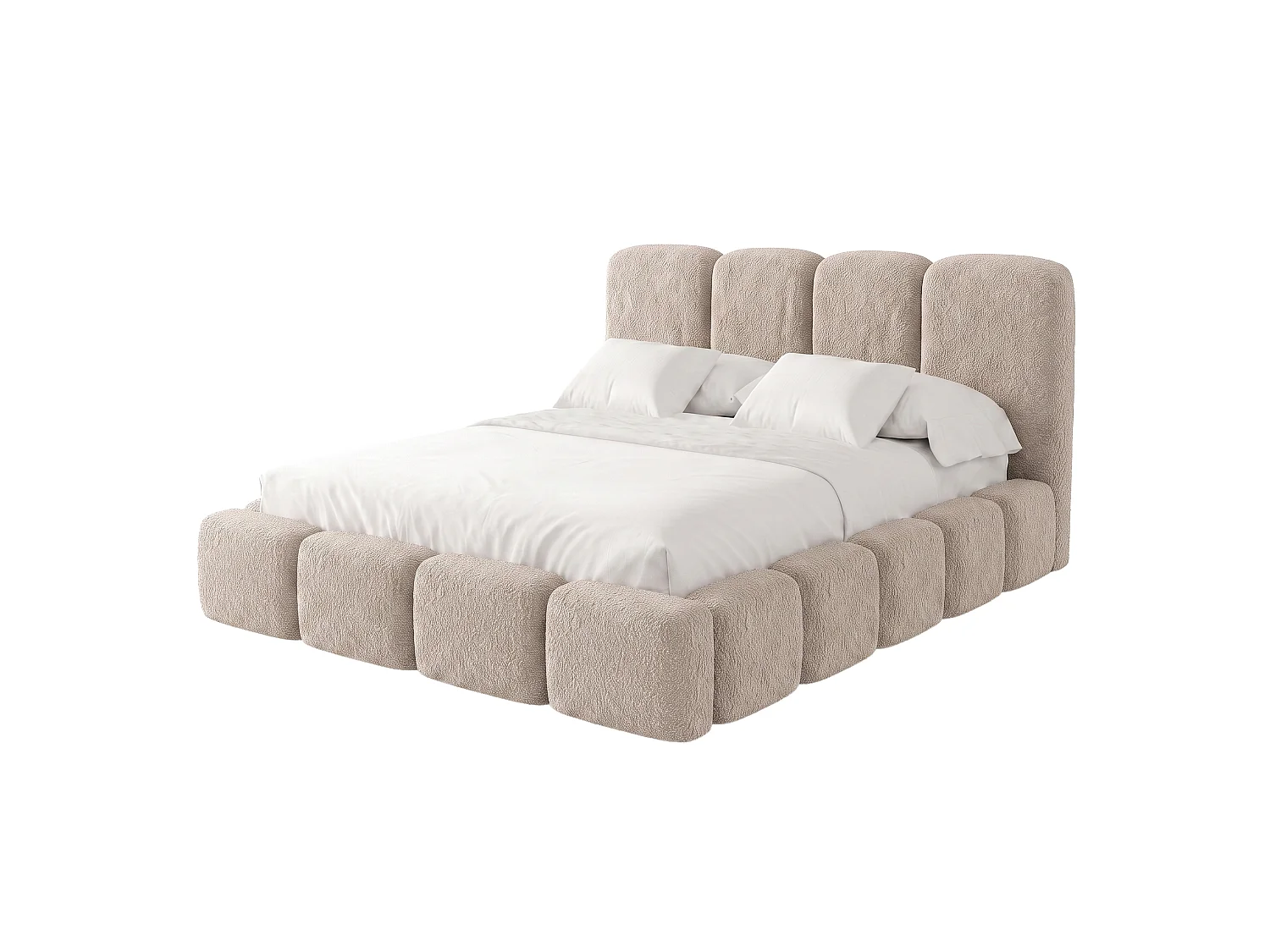 Lit rembourré SUENO MAXI  avec matelas 200 × 200 cm beige, tête de lit capitonnée, sommier métallique, coffre de rangement, tissu bouclé