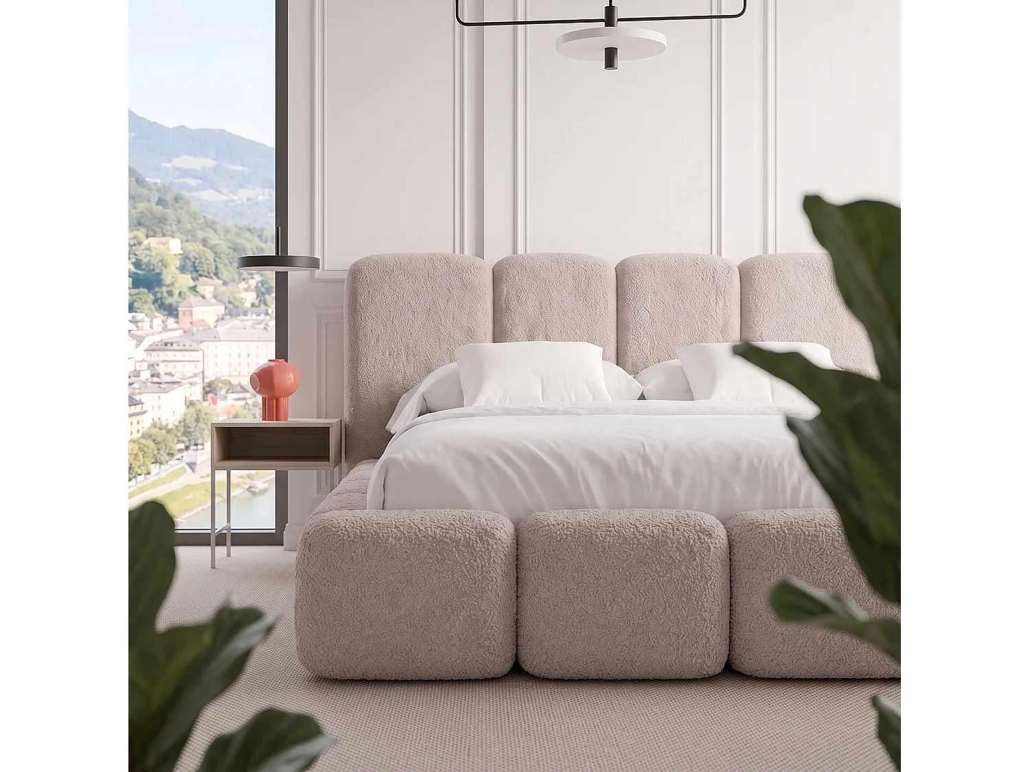 Lit rembourré SUENO MAXI  avec matelas 200 × 200 cm beige, tête de lit capitonnée, sommier métallique, coffre de rangement, tissu bouclé