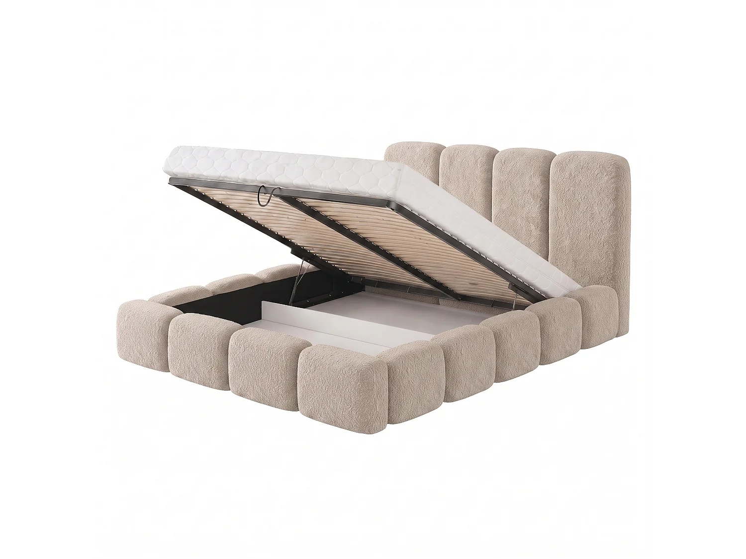 Lit rembourré SUENO MAXI  avec matelas 200 × 200 cm beige, tête de lit capitonnée, sommier métallique, coffre de rangement, tissu bouclé