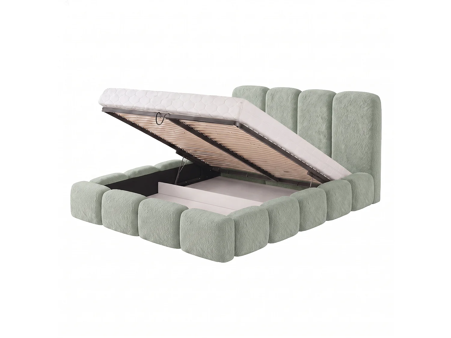 Lit rembourré SUENO MAXI  avec matelas 180 × 200 cm vert menthe, tête de lit capitonnée, sommier métallique, coffre de rangement, tissu bouclé