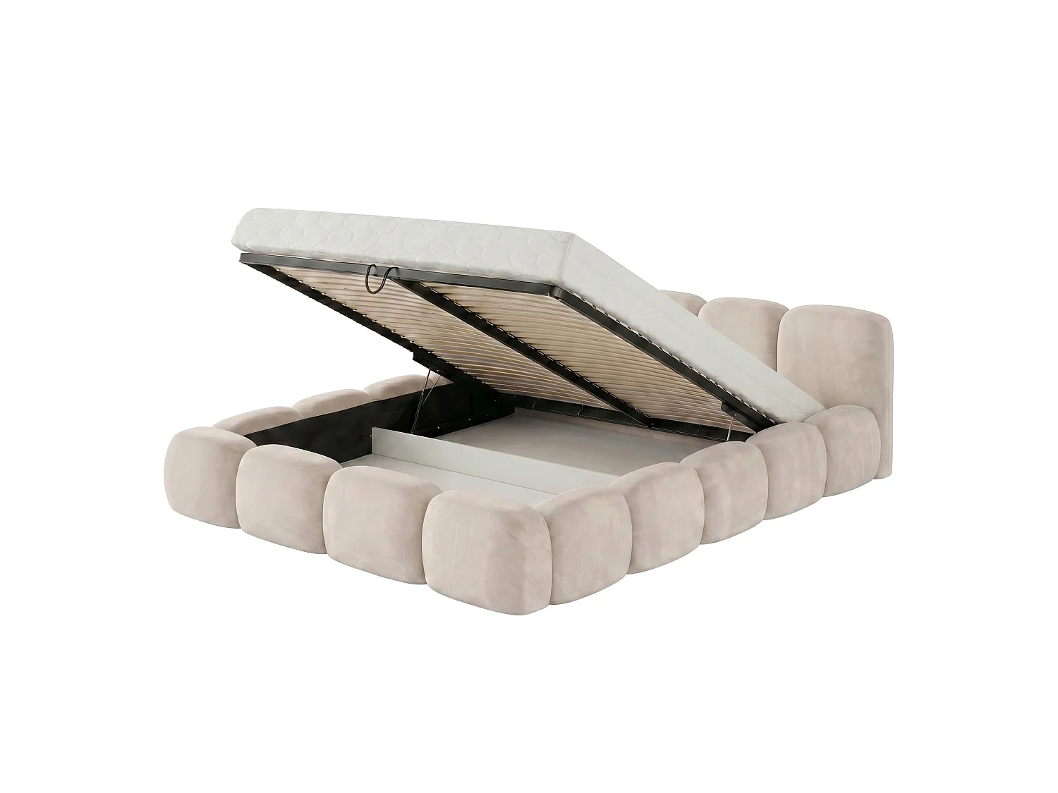 Lit rembourré SUENO 180 × 200 cm gris clair, tête de lit capitonnée, sommier métallique, coffre de rangement, tissu velours