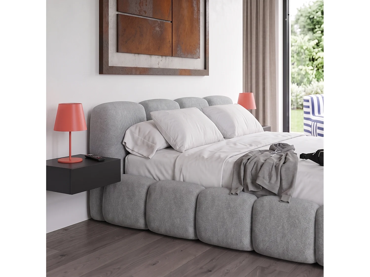 Lit capitonné SUENO 160x200 cm gris, tête de lit capitonnée, sommier à lattes métalliques, coffre de lit, tissu chenille