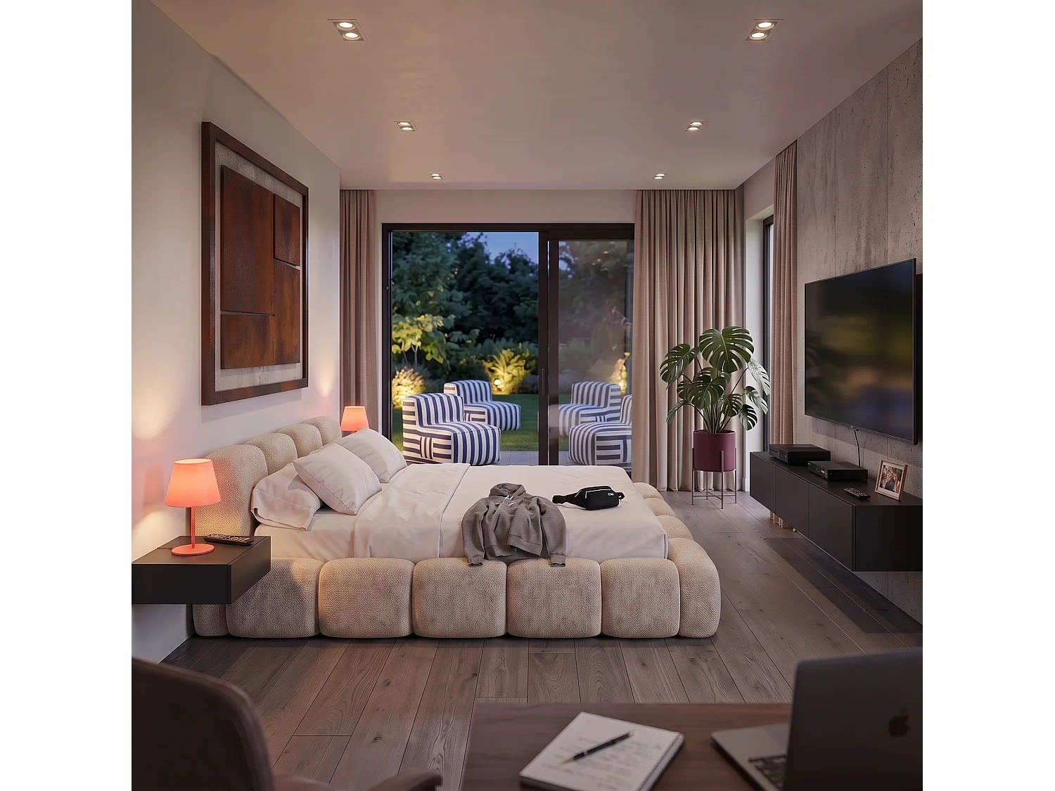 Lit capitonné SUENO 160x200 cm créme, tête de lit capitonnée, sommier à lattes métalliques, coffre de lit, tissu chenille