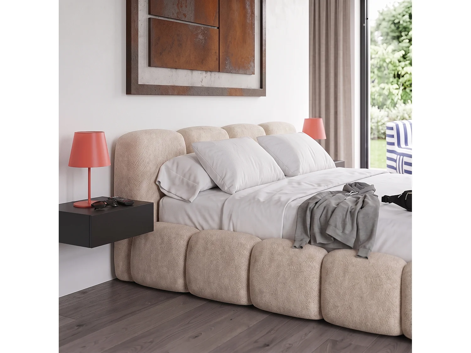 Lit capitonné SUENO 160x200 cm créme, tête de lit capitonnée, sommier à lattes métalliques, coffre de lit, tissu chenille