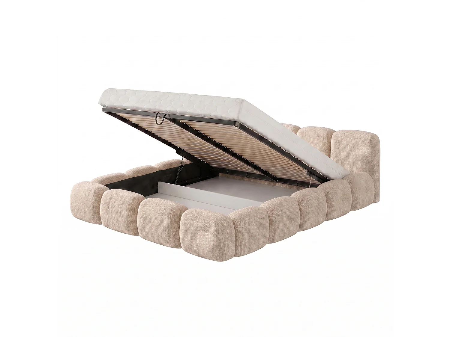 Lit capitonné SUENO 160x200 cm créme, tête de lit capitonnée, sommier à lattes métalliques, coffre de lit, tissu chenille