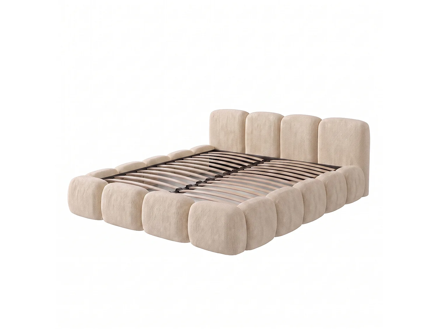 Lit capitonné SUENO 160x200 cm créme, tête de lit capitonnée, sommier à lattes métalliques, coffre de lit, tissu chenille