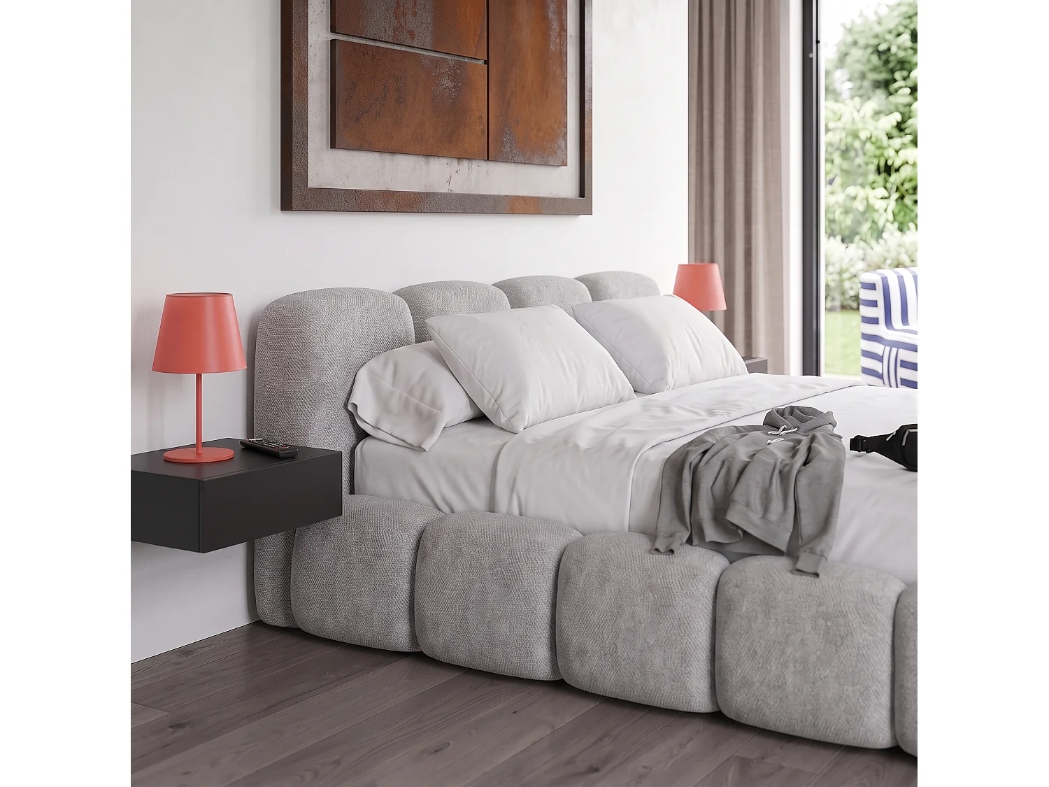 Lit capitonné SUENO 160x200 cm gris clair, tête de lit capitonnée, sommier à lattes métalliques, coffre de lit, tissu chenille