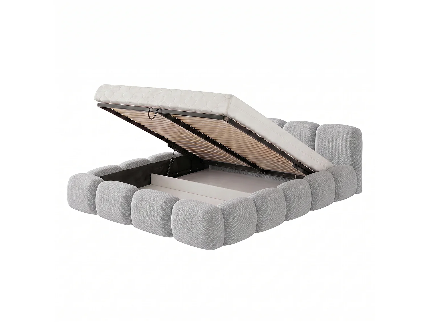 Lit capitonné SUENO 160x200 cm gris clair, tête de lit capitonnée, sommier à lattes métalliques, coffre de lit, tissu chenille