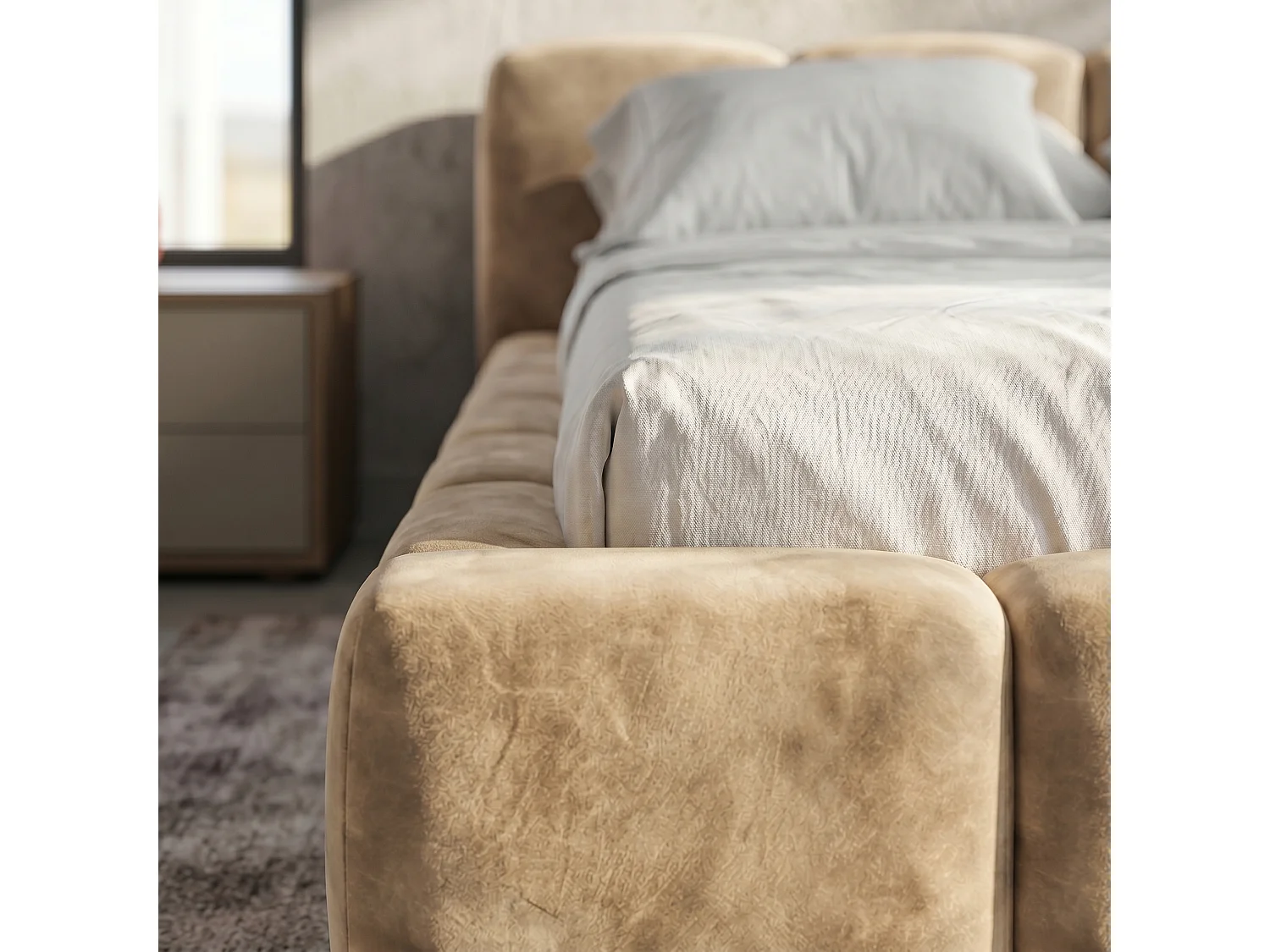 Lit rembourré SUENO 180 × 200 cm creme, tête de lit capitonnée, sommier métallique, coffre de rangement, tissu velours