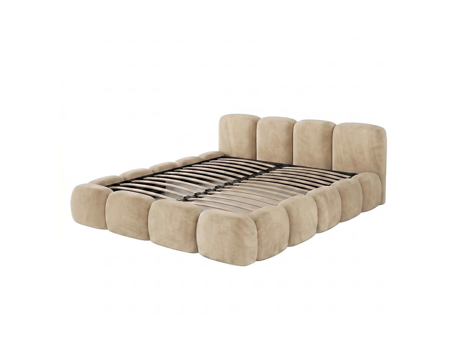 Lit rembourré SUENO 180 × 200 cm creme, tête de lit capitonnée, sommier métallique, coffre de rangement, tissu velours