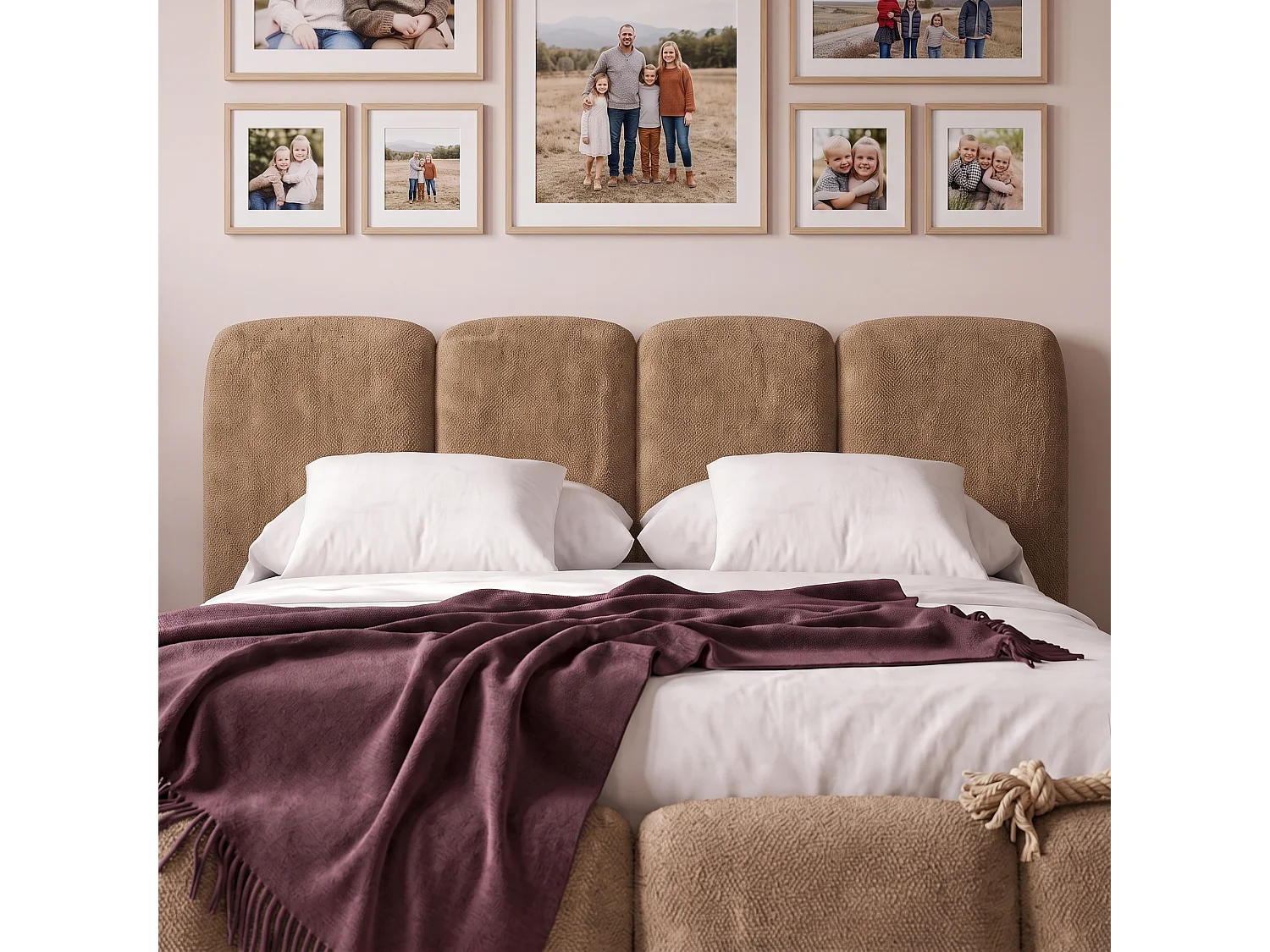Lit rembourré SUENO MAXI  avec matelas 200 × 200 cm, beige, tête de lit rembourrée, sommier métallique à lattes, coffre de rangement, tissu chenille