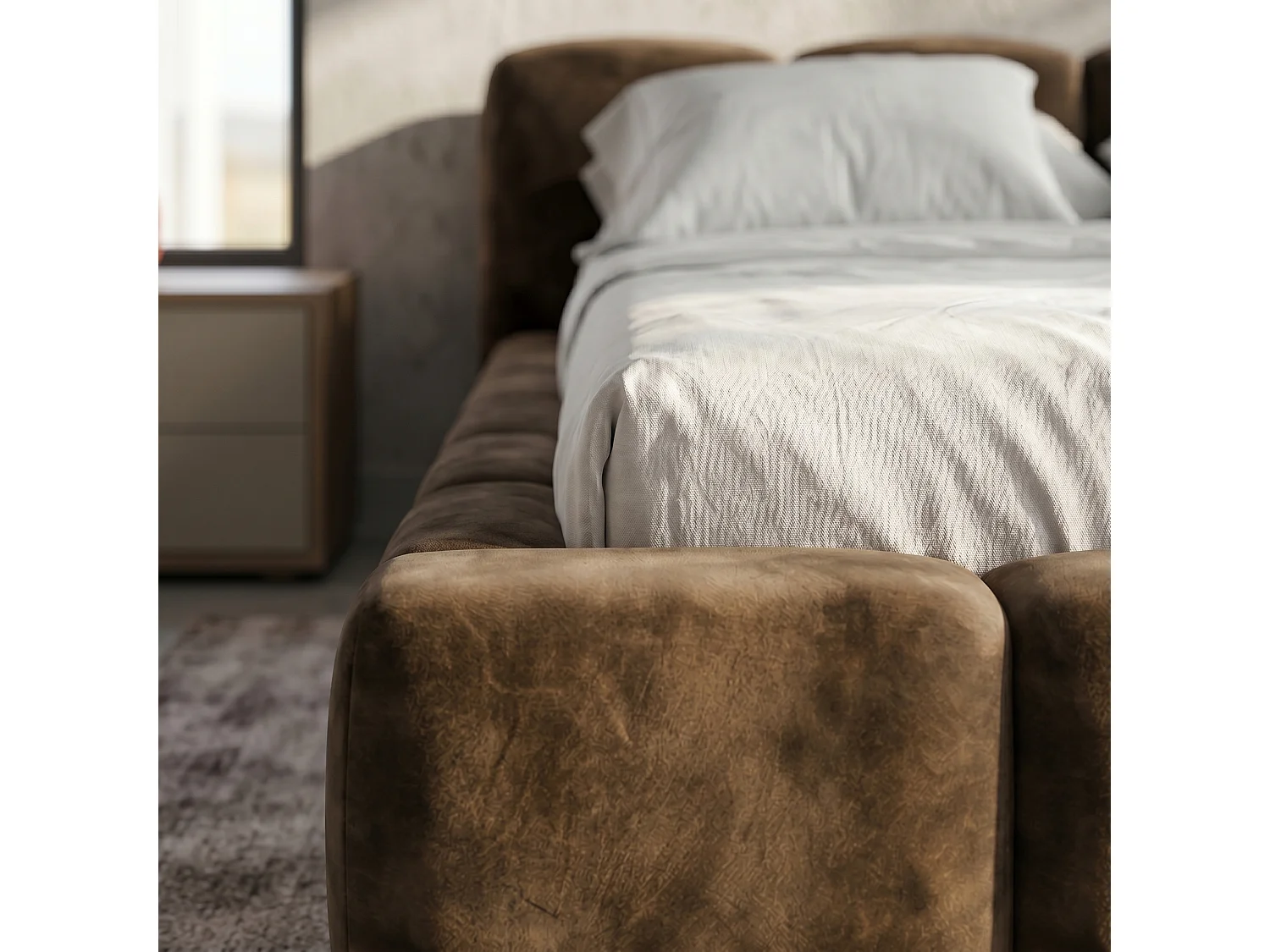 Lit rembourré SUENO 200 × 200 cm brun, tête de lit capitonnée, sommier métallique, coffre de rangement, tissu velours