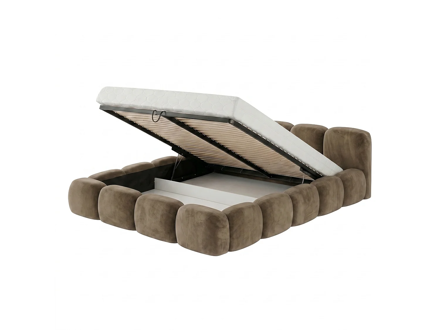 Lit rembourré SUENO 200 × 200 cm brun, tête de lit capitonnée, sommier métallique, coffre de rangement, tissu velours