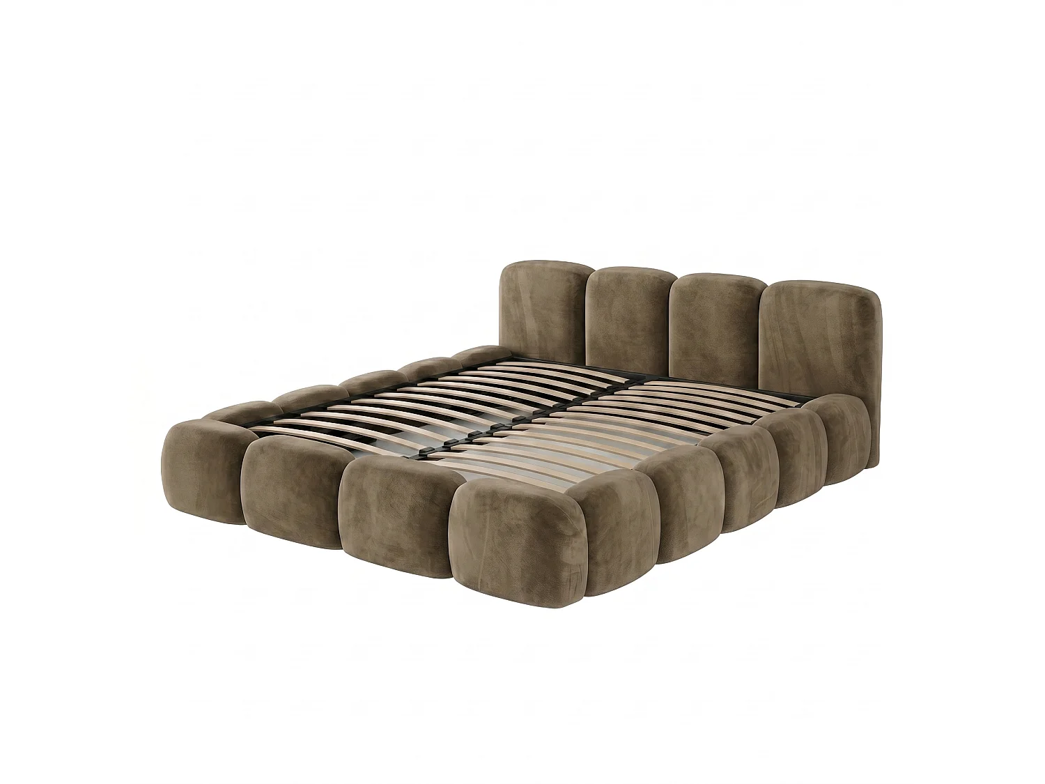 Lit rembourré SUENO 200 × 200 cm brun, tête de lit capitonnée, sommier métallique, coffre de rangement, tissu velours