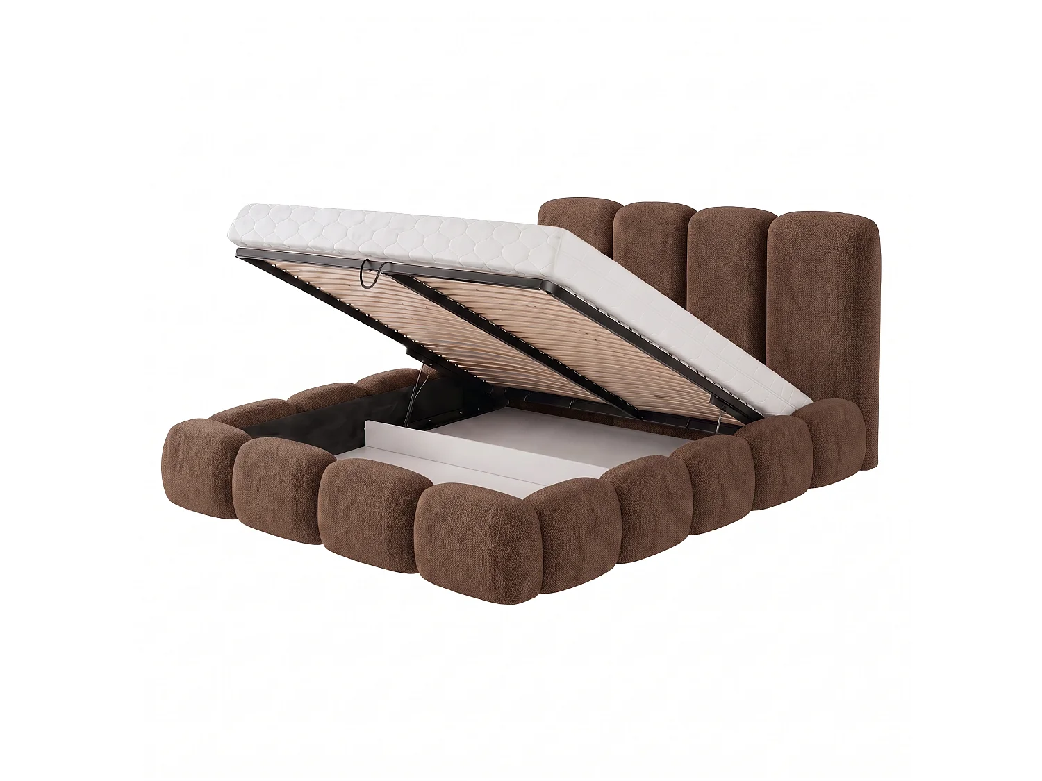 Lit rembourré SUENO MAXI  avec matelas 140 × 200 cm, brun, tête de lit rembourrée, sommier métallique à lattes, coffre de rangement, tissu chenille