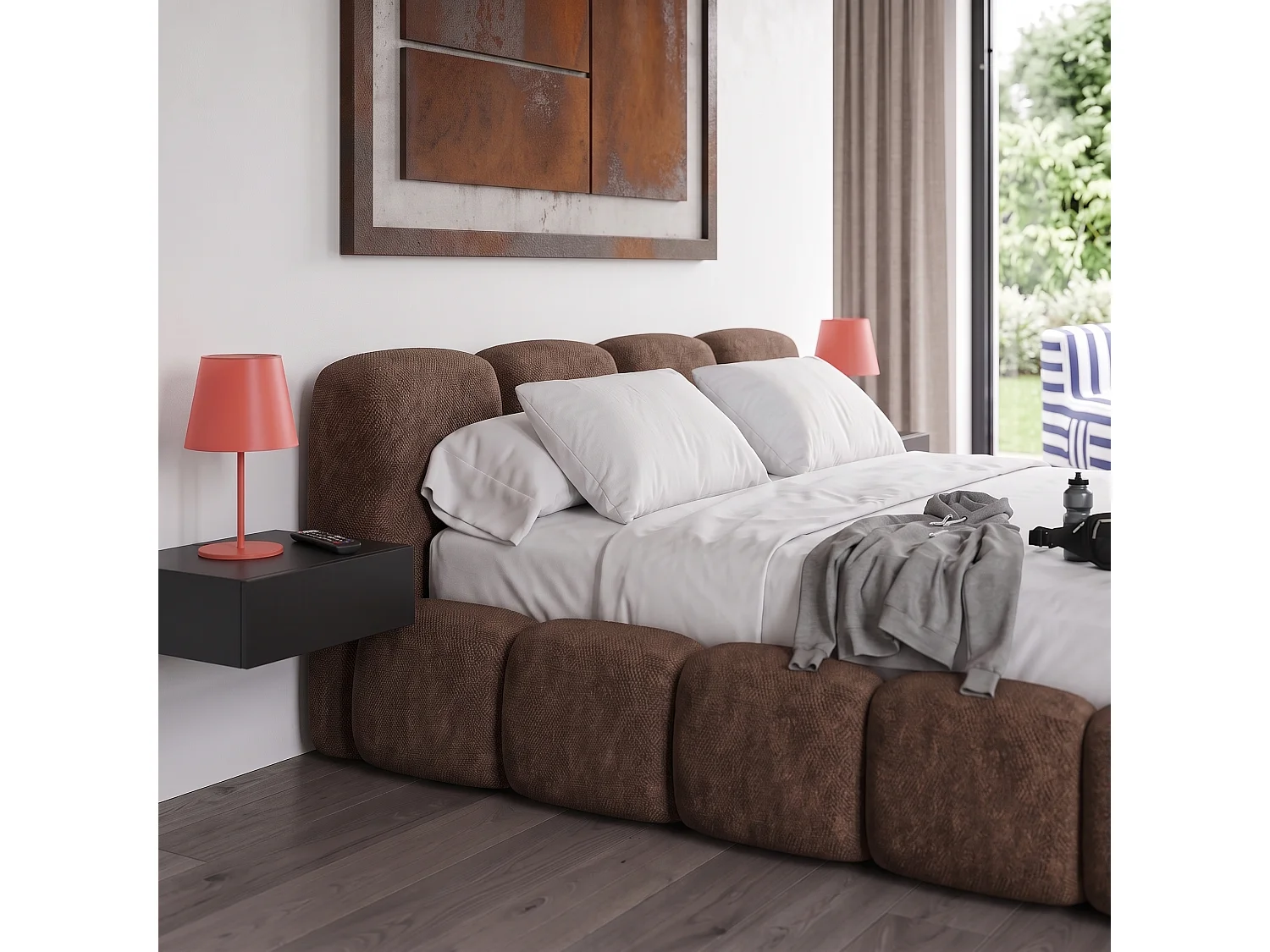 Lit capitonné SUENO 200x200 cm brun, tête de lit capitonnée, sommier à lattes métalliques, coffre de lit, tissu chenille