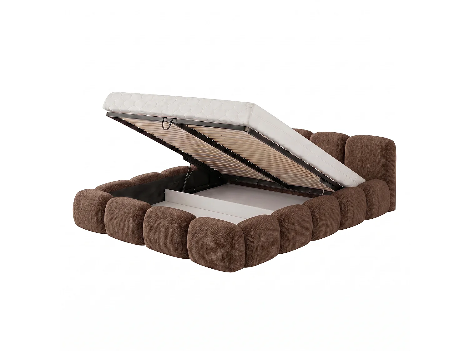 Lit capitonné SUENO 200x200 cm brun, tête de lit capitonnée, sommier à lattes métalliques, coffre de lit, tissu chenille