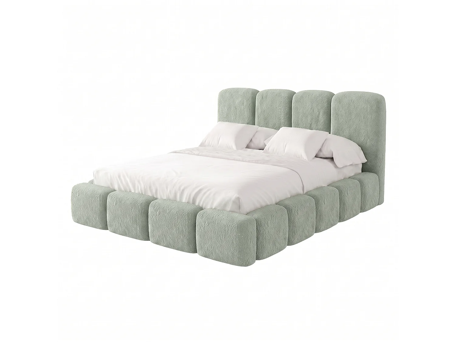 Lit rembourré SUENO MAXI  avec matelas 200 × 200 cm vert menthe, tête de lit capitonnée, sommier métallique, coffre de rangement, tissu bouclé