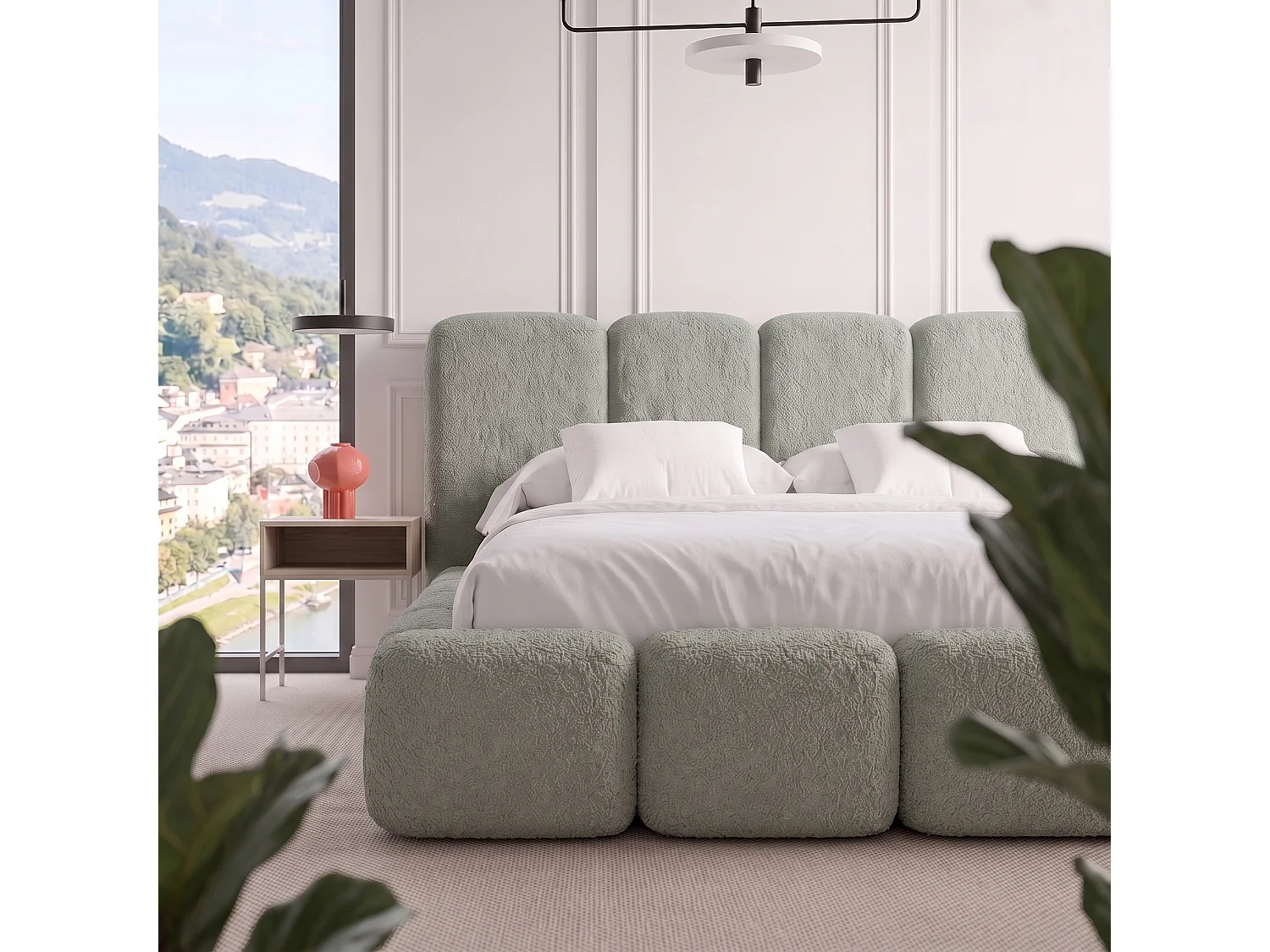 Lit rembourré SUENO MAXI  avec matelas 200 × 200 cm vert menthe, tête de lit capitonnée, sommier métallique, coffre de rangement, tissu bouclé