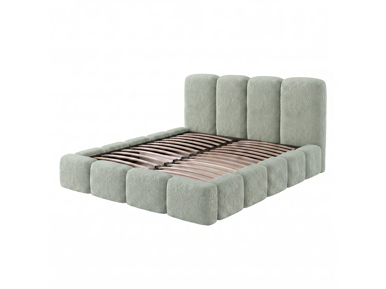 Lit rembourré SUENO MAXI  avec matelas 200 × 200 cm vert menthe, tête de lit capitonnée, sommier métallique, coffre de rangement, tissu bouclé