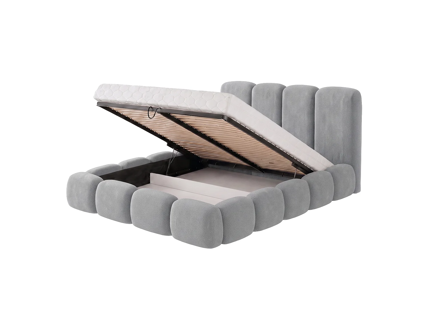 Lit capitonné SUENO MAXI 140x200 cm gris, tête de lit capitonnée, sommier à lattes métalliques, coffre de lit, tissu chenille