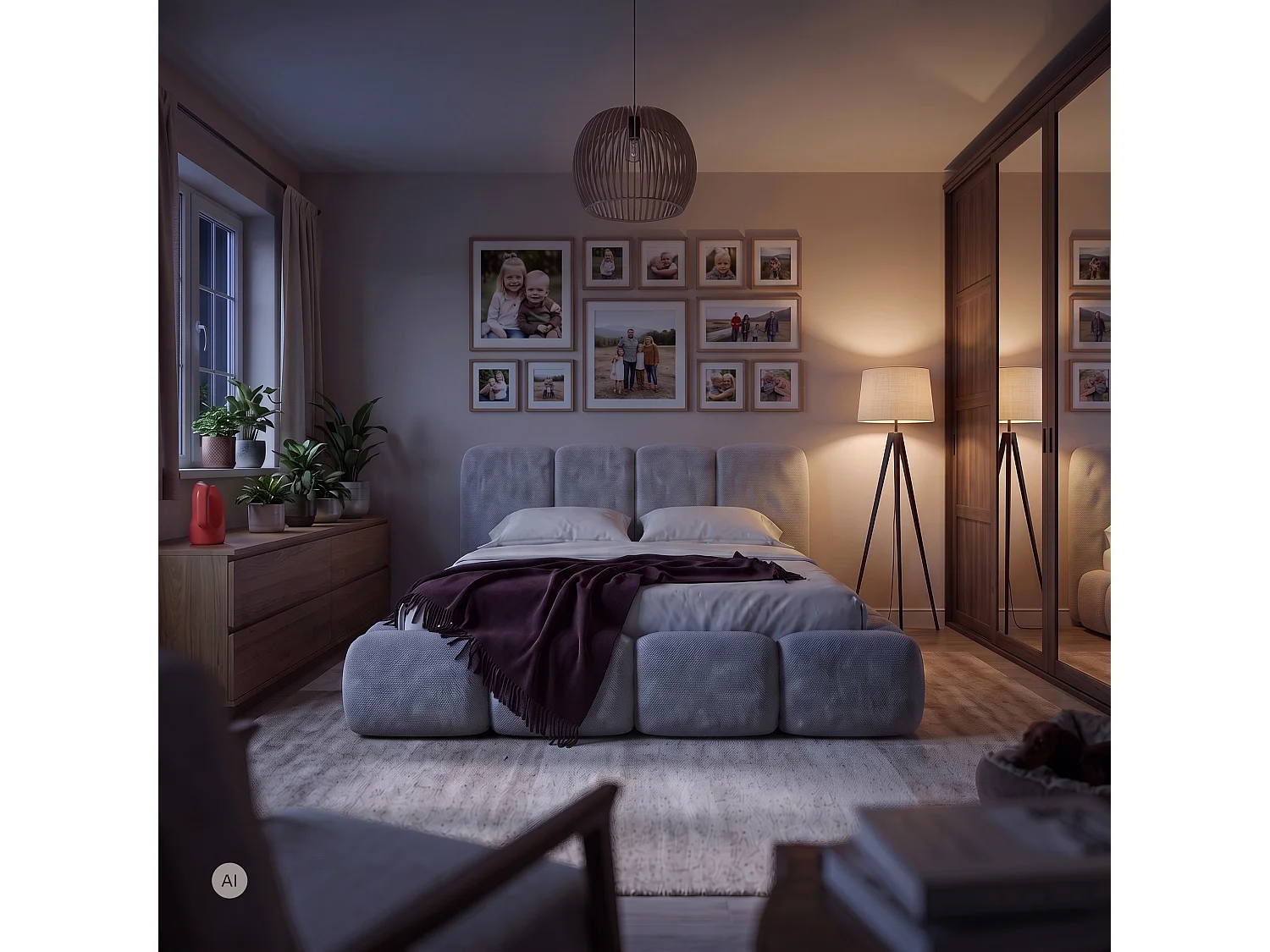 Lit capitonné SUENO MAXI 200x200 cm gris clair, tête de lit capitonnée, sommier à lattes métalliques, coffre de lit, tissu chenille