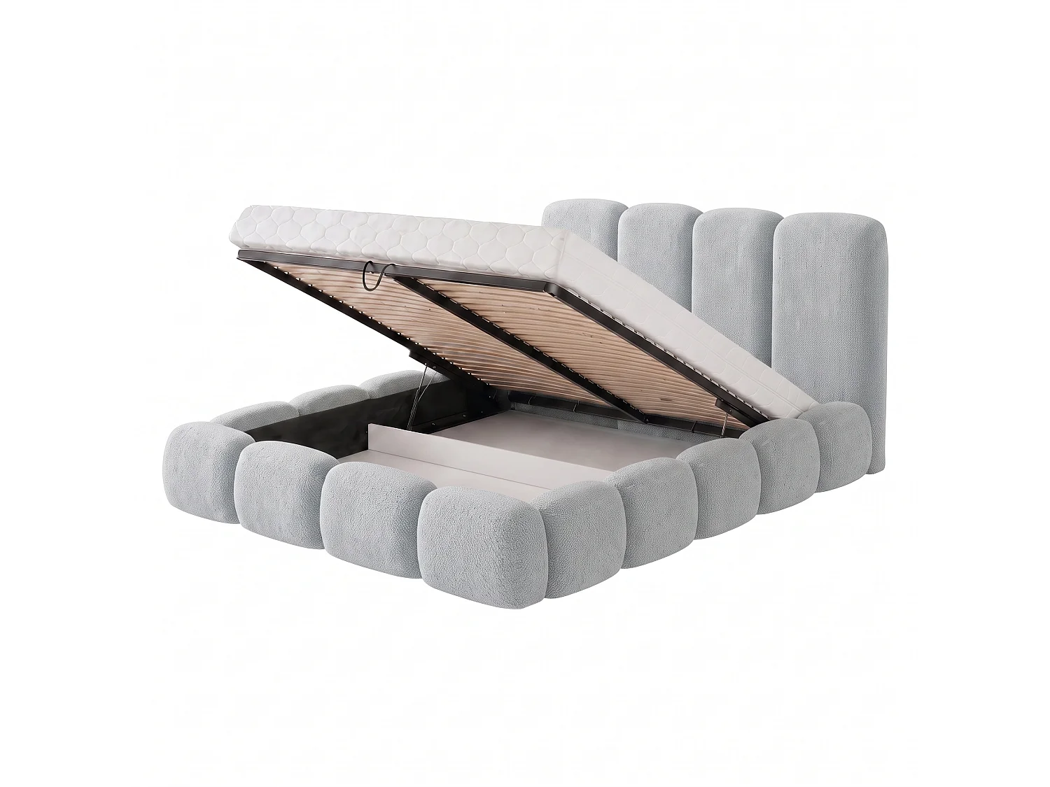 Lit capitonné SUENO MAXI 200x200 cm gris clair, tête de lit capitonnée, sommier à lattes métalliques, coffre de lit, tissu chenille