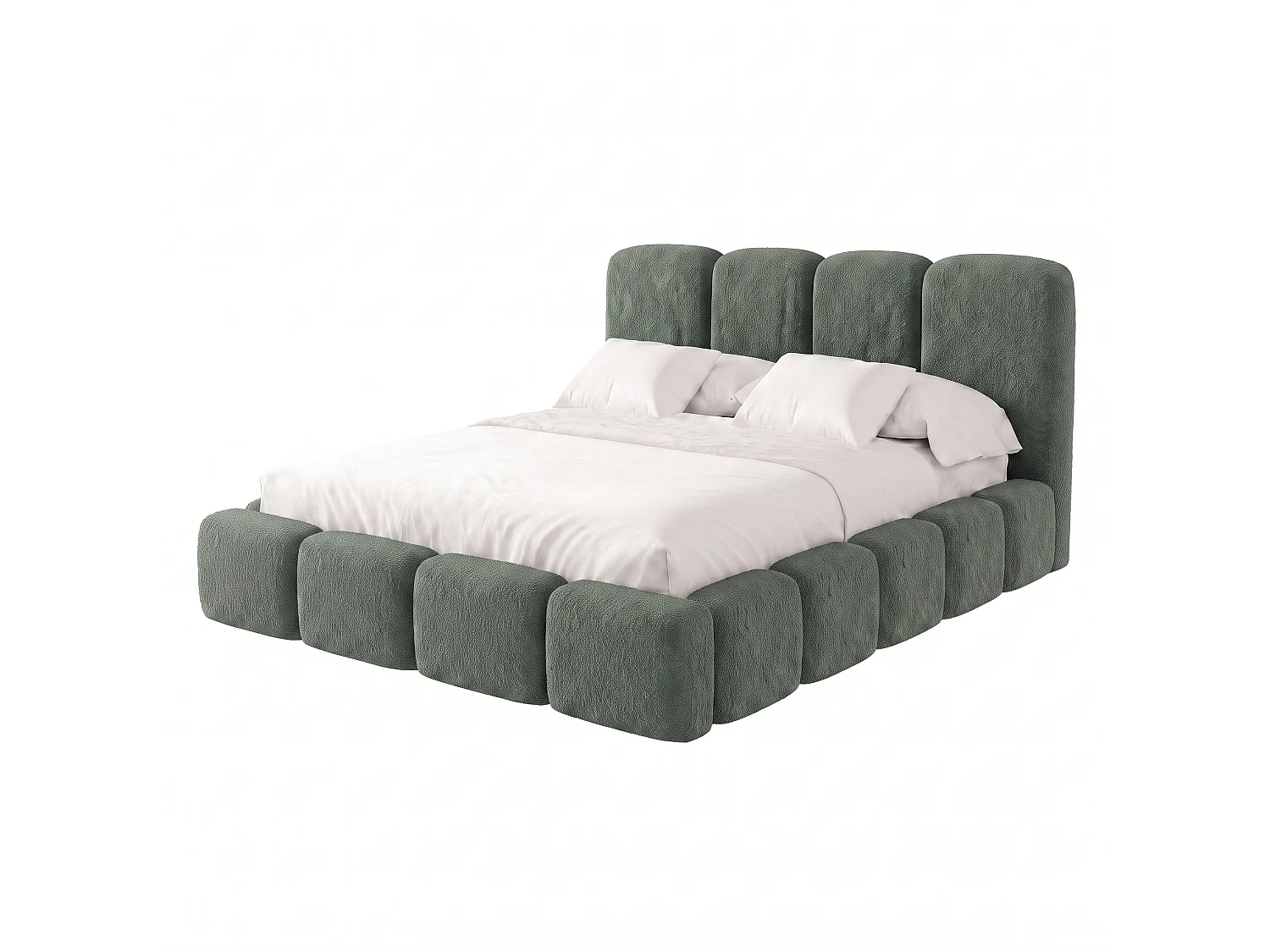 Lit rembourré SUENO MAXI  avec matelas 200 × 200 cm vert, tête de lit capitonnée, sommier métallique, coffre de rangement, tissu bouclé
