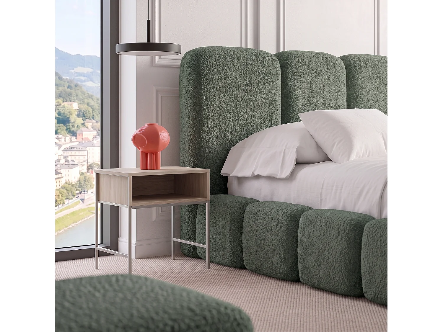 Lit rembourré SUENO MAXI  avec matelas 200 × 200 cm vert, tête de lit capitonnée, sommier métallique, coffre de rangement, tissu bouclé