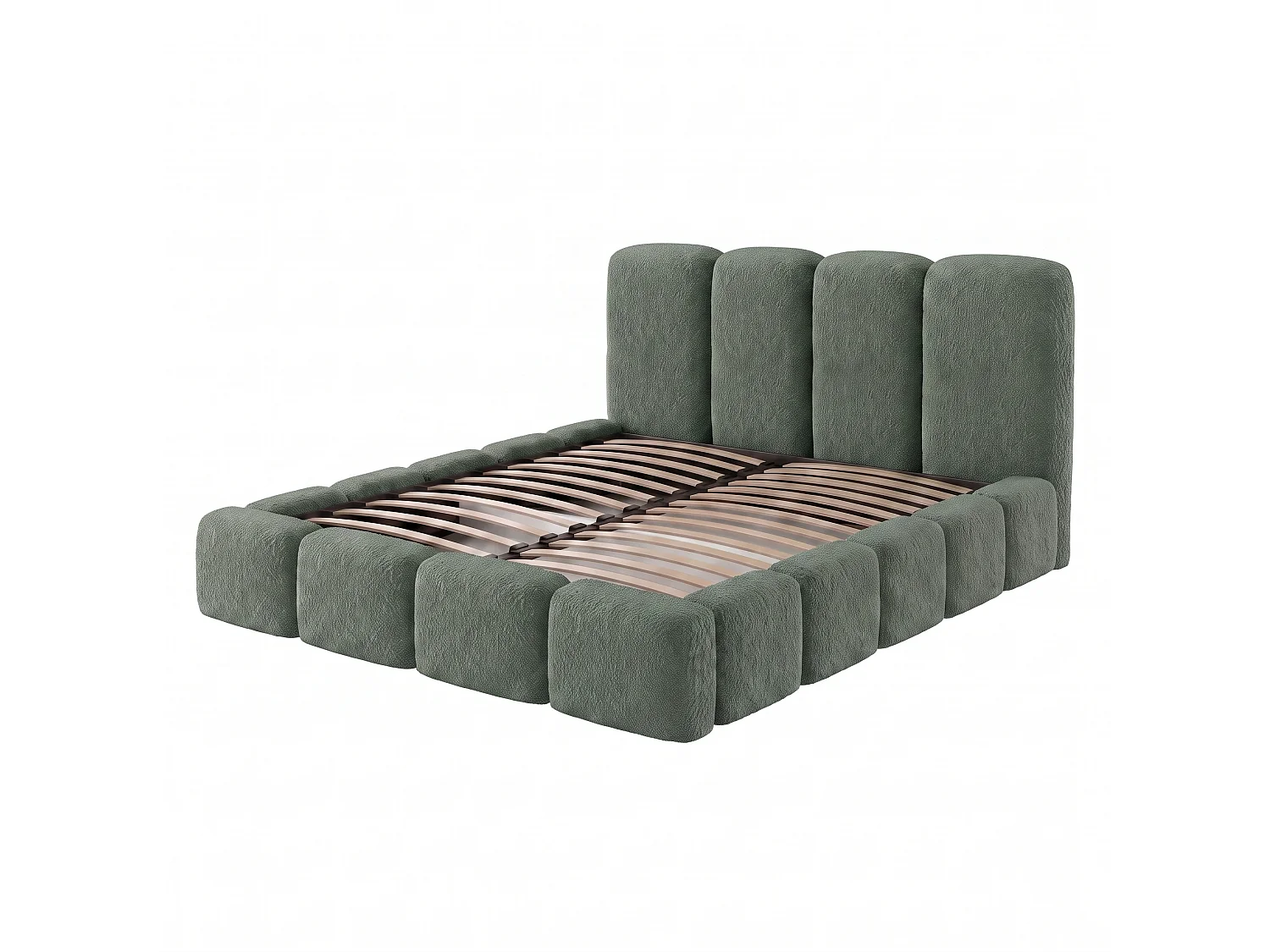 Lit rembourré SUENO MAXI  avec matelas 200 × 200 cm vert, tête de lit capitonnée, sommier métallique, coffre de rangement, tissu bouclé