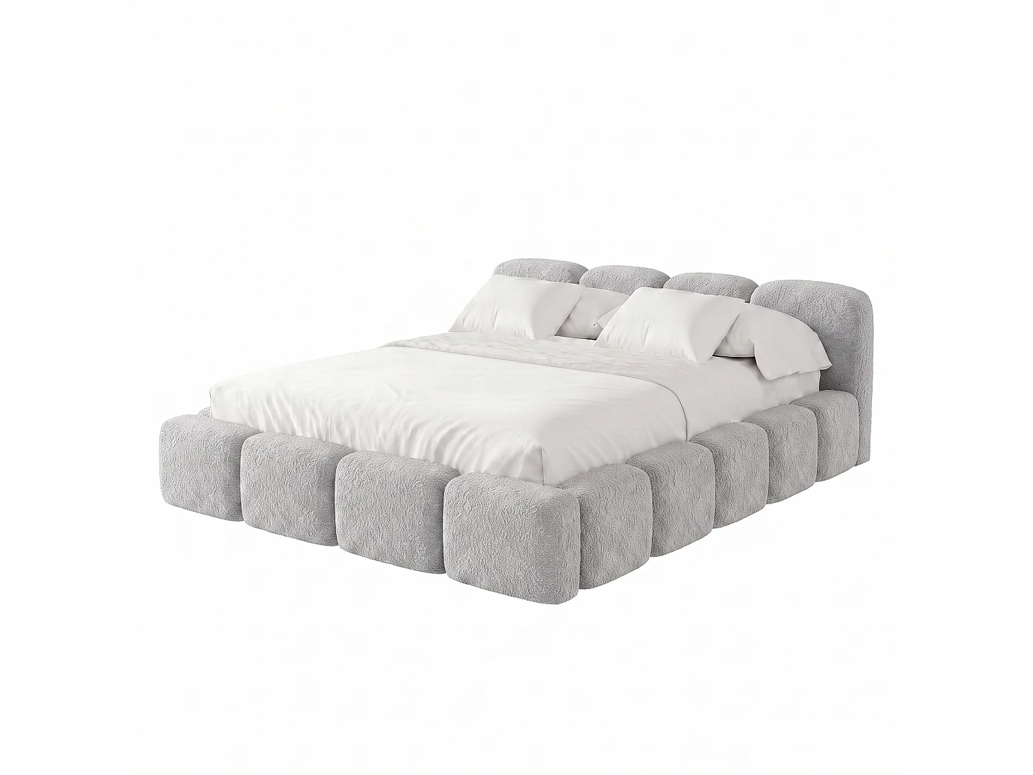 Lit rembourré SUENO 140 × 200 cm gris, tête de lit capitonnée, sommier métallique, coffre de rangement, tissu bouclé