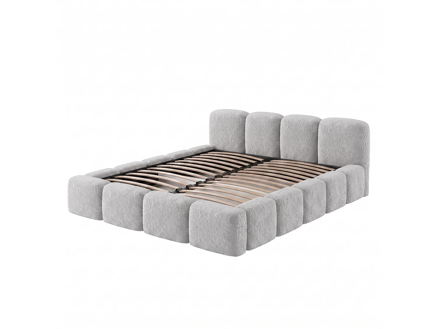 Lit rembourré SUENO 140 × 200 cm gris, tête de lit capitonnée, sommier métallique, coffre de rangement, tissu bouclé