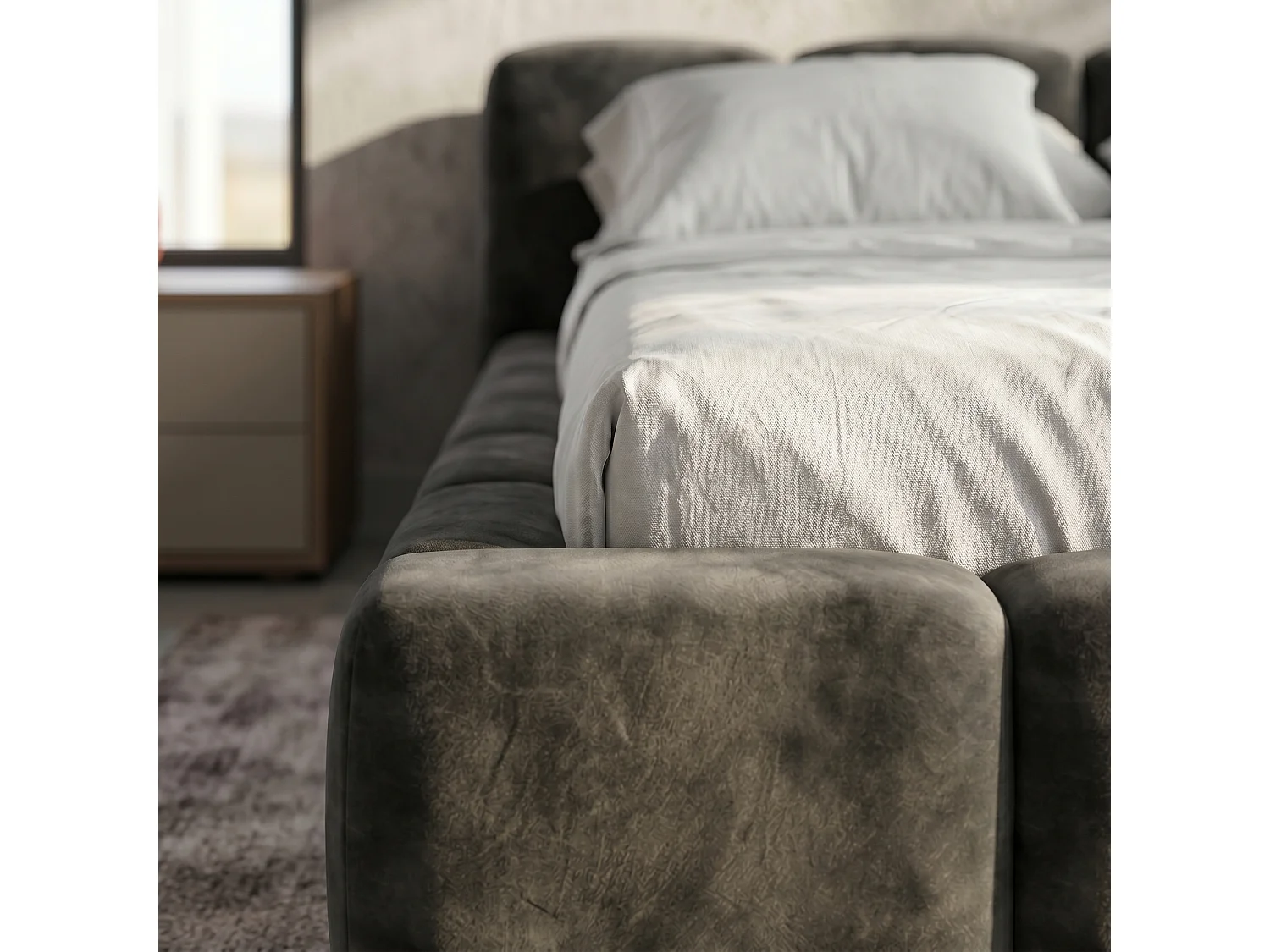 Lit rembourré SUENO 160 × 200 cm graphiet, tête de lit capitonnée, sommier métallique, coffre de rangement, tissu velours