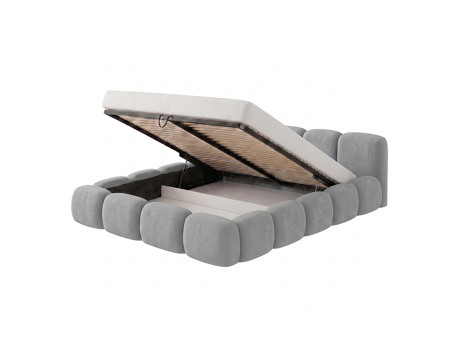 Lit capitonné SUENO 180x200 cm gris, tête de lit capitonnée, sommier à lattes métalliques, coffre de lit, tissu chenille