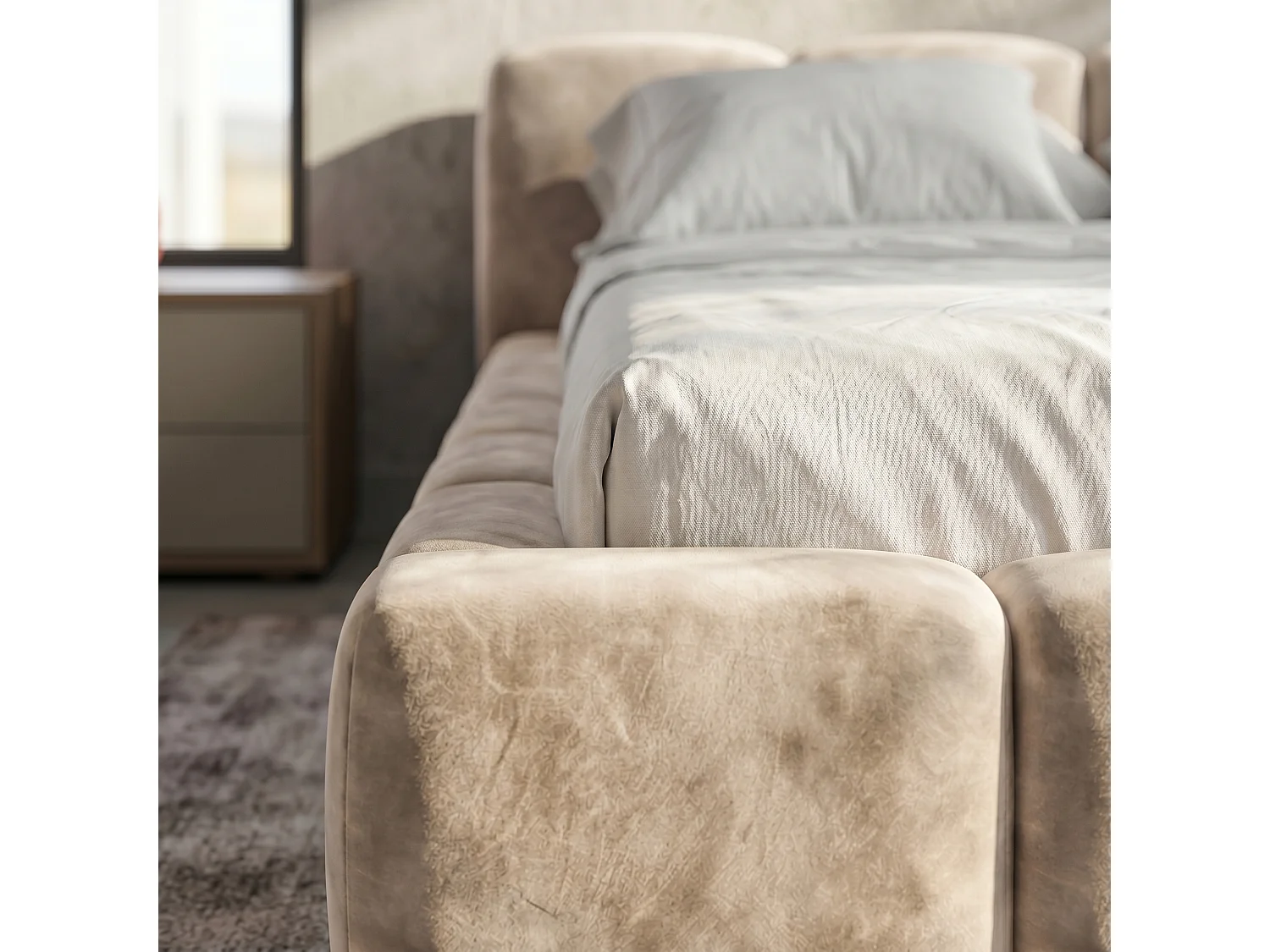 Lit rembourré SUENO 160 × 200 cm gris clair, tête de lit capitonnée, sommier métallique, coffre de rangement, tissu velours