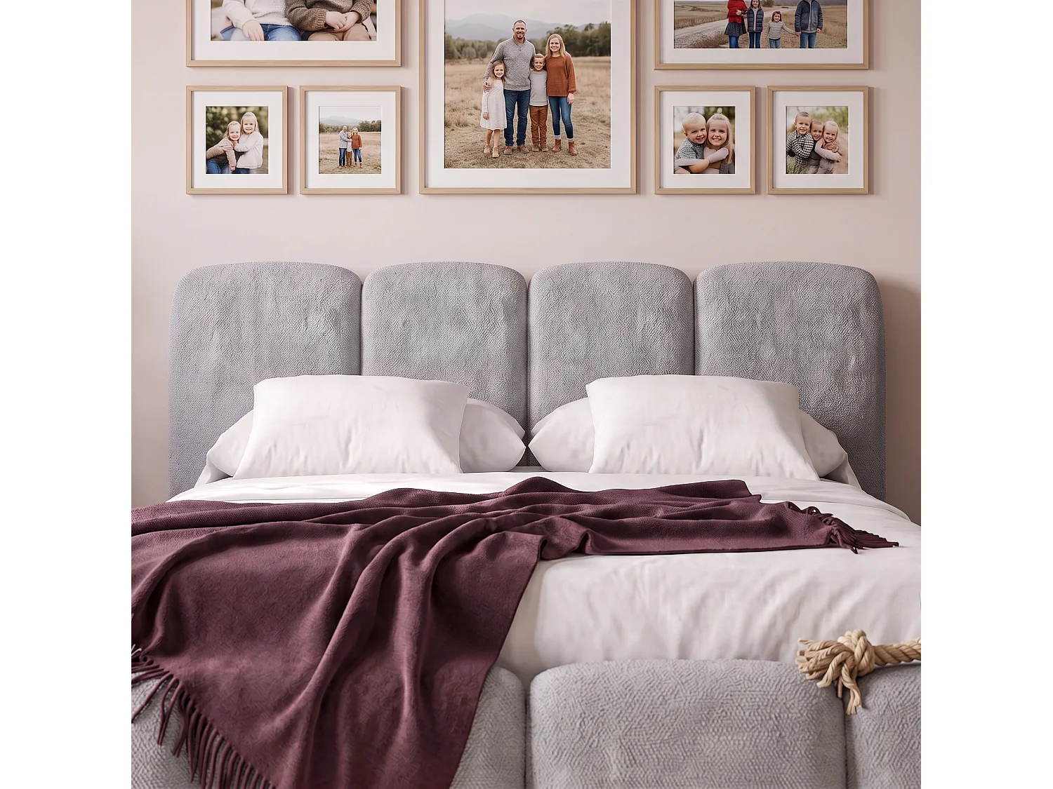Lit capitonné SUENO MAXI 160x200 cm gris clair, tête de lit capitonnée, sommier à lattes métalliques, coffre de lit, tissu chenille
