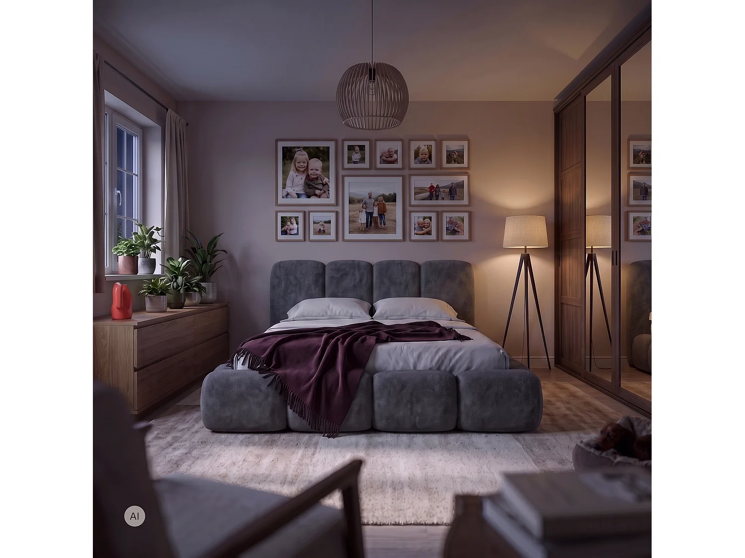 Lit rembourré SUENO MAXI  avec matelas 200 × 200 cm, gris foncé, tête de lit rembourrée, sommier métallique à lattes, coffre de rangement, tissu chenille
