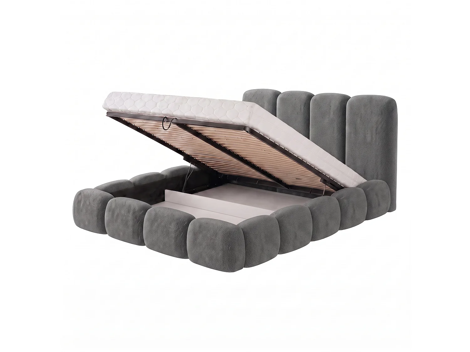 Lit rembourré SUENO MAXI  avec matelas 200 × 200 cm, gris foncé, tête de lit rembourrée, sommier métallique à lattes, coffre de rangement, tissu chenille