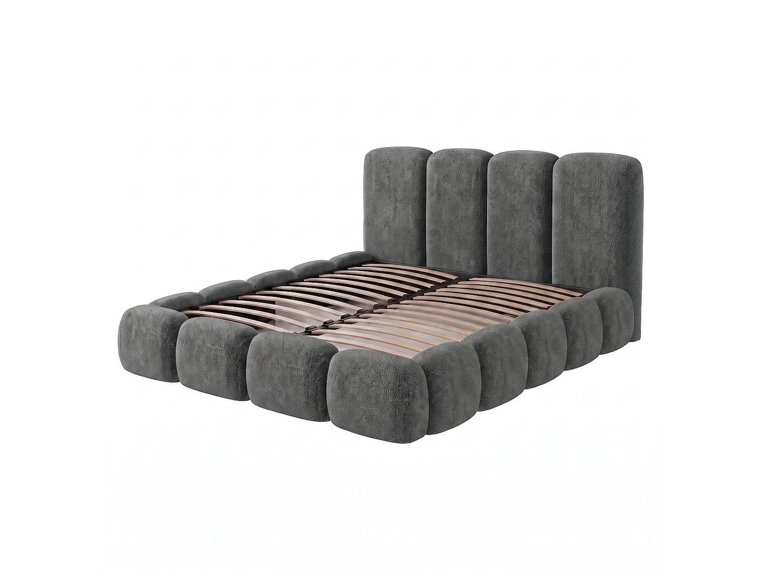 Lit rembourré SUENO MAXI  avec matelas 200 × 200 cm, gris foncé, tête de lit rembourrée, sommier métallique à lattes, coffre de rangement, tissu chenille