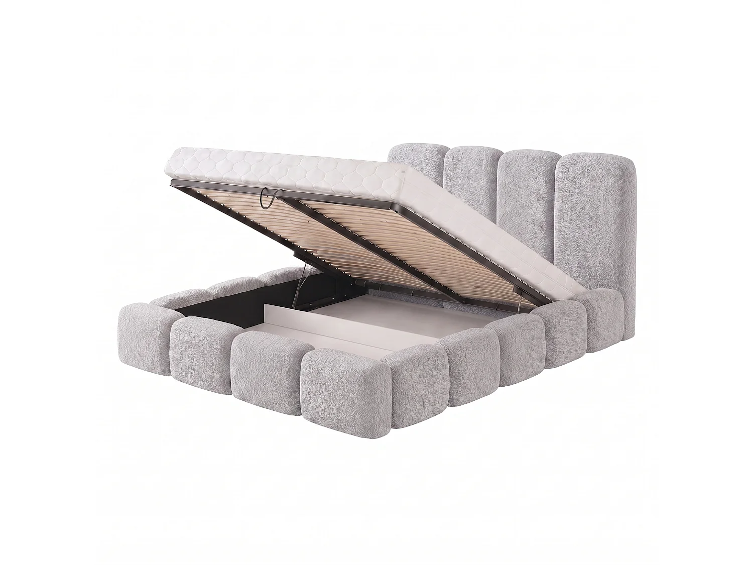 Lit rembourré SUENO MAXI  avec matelas 180 × 200 cm gris, tête de lit capitonnée, sommier métallique, coffre de rangement, tissu bouclé