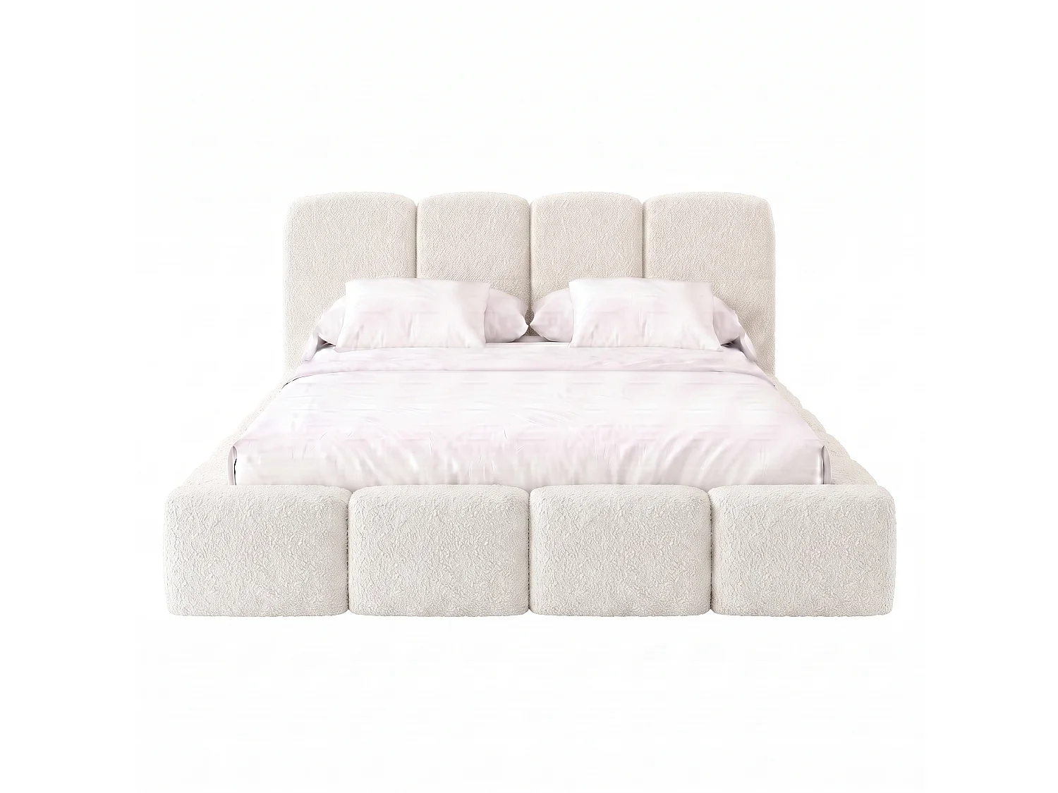Lit capitonné SUENO MAXI 140x200 cm blanc, tête de lit capitonnée, sommier à lattes métalliques, coffre de lit, tissu bouclé