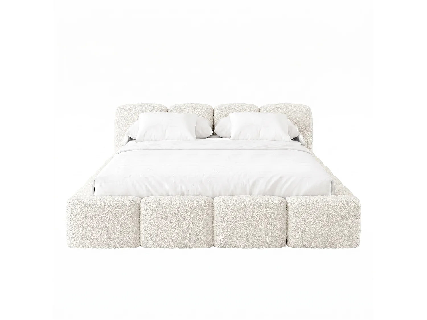 Lit rembourré SUENO 180 × 200 cm creme, tête de lit capitonnée, sommier métallique, coffre de rangement, tissu bouclé