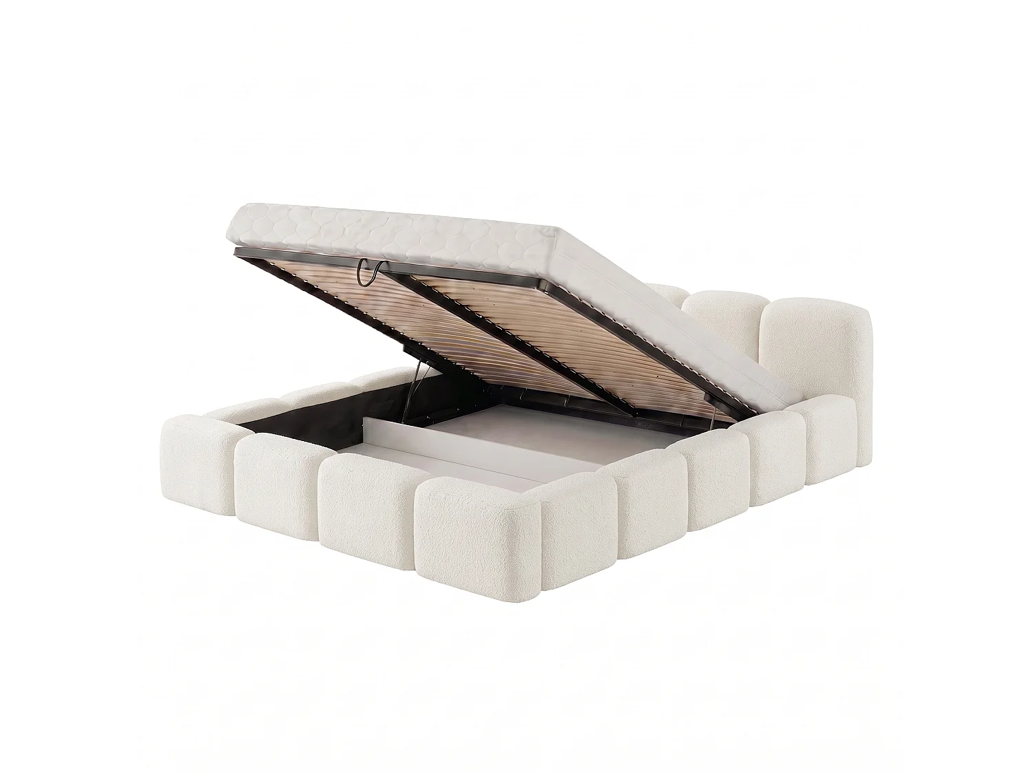 Lit rembourré SUENO avec matelas 160 × 200 cm creme, tête de lit capitonnée, sommier métallique, coffre de rangement, tissu bouclé