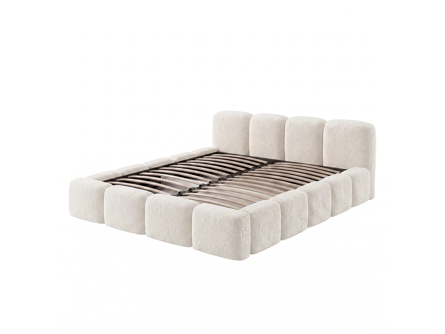 Lit rembourré SUENO avec matelas 160 × 200 cm creme, tête de lit capitonnée, sommier métallique, coffre de rangement, tissu bouclé